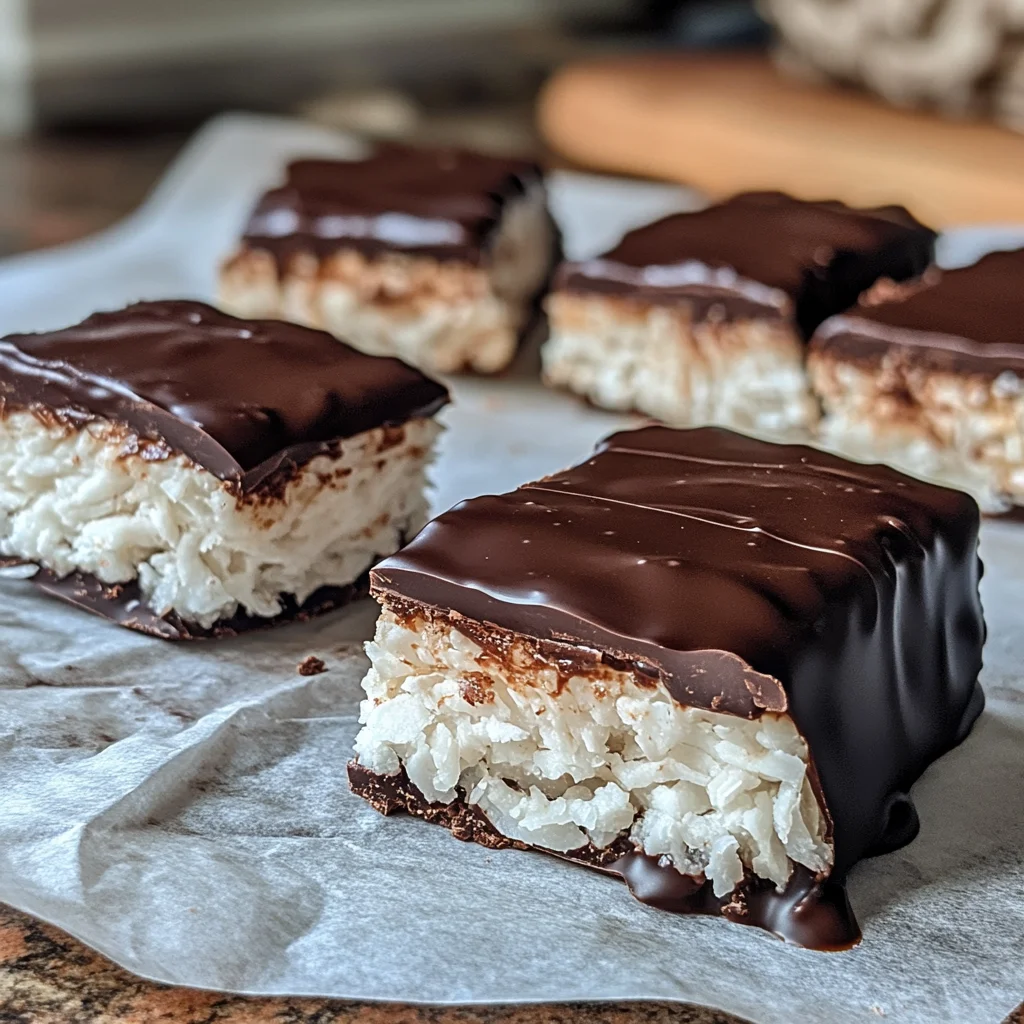 Homemade coconut candy bars with chocolate coating