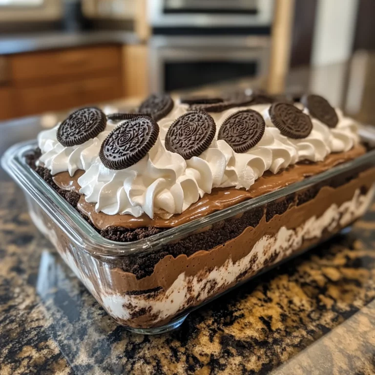 Layered Oreo no bake dessert in clear dish