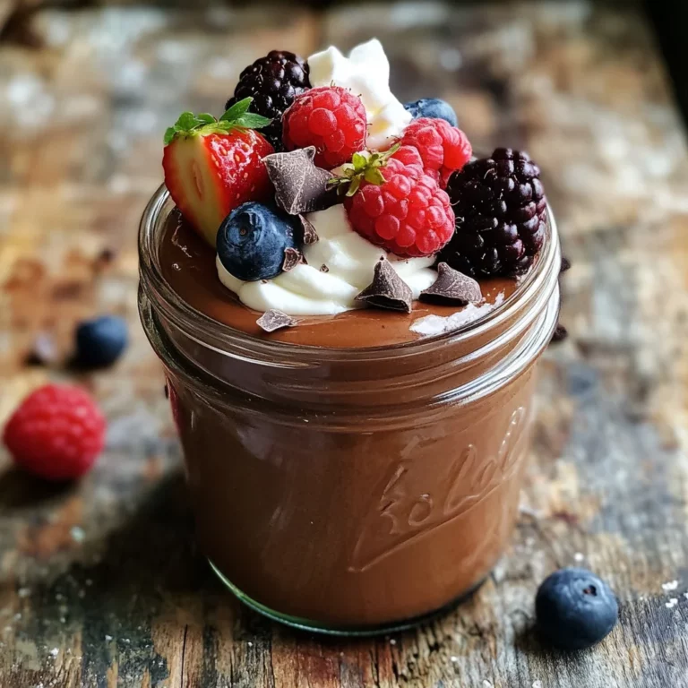 Vegan avocado chocolate mousse in a glass jar topped with berries and coconut cream