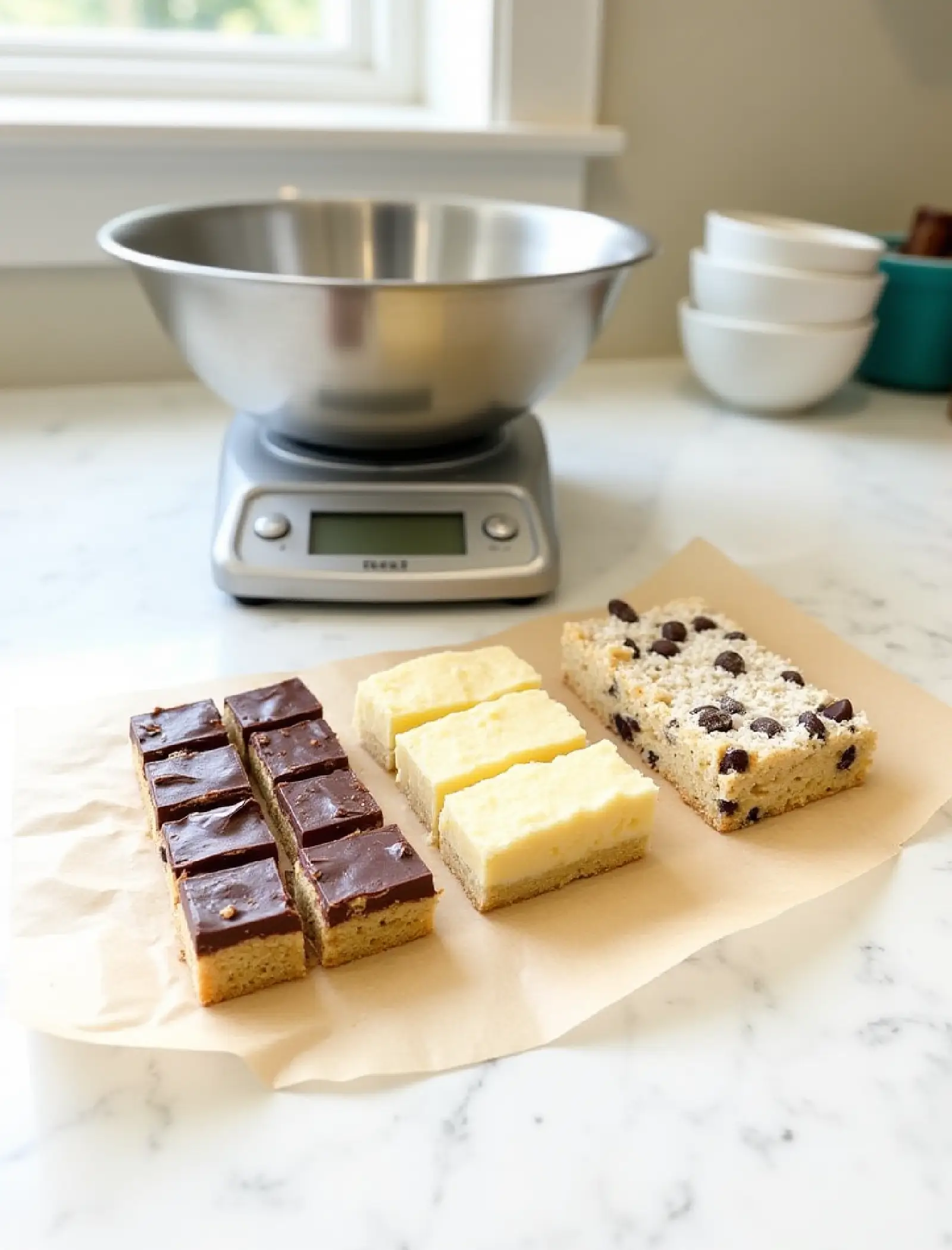 Assorted no-bake bars cut into squares on parchment paper including chocolate peanut butter bars, lemon coconut squares, and oatmeal cookie bars with kitchen tools