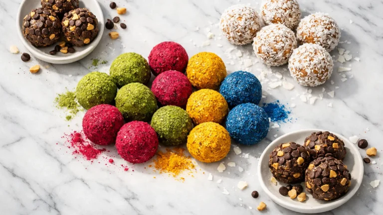 varieties of homemade No-Bake energy balls showing peanut butter chocolate, coconut lime, chocolate cherry recipes, and colored balls.