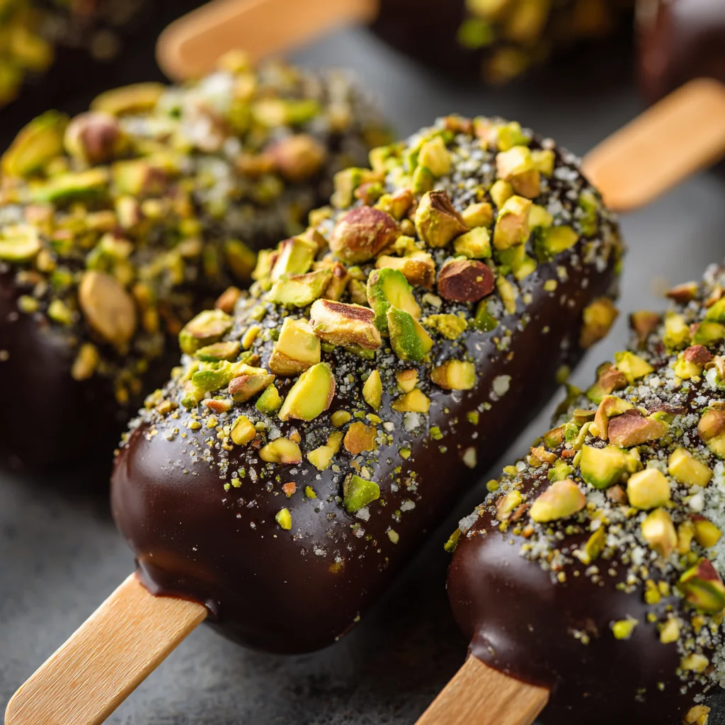 Frozen Banana Pops dipped in chocolate with pistachios