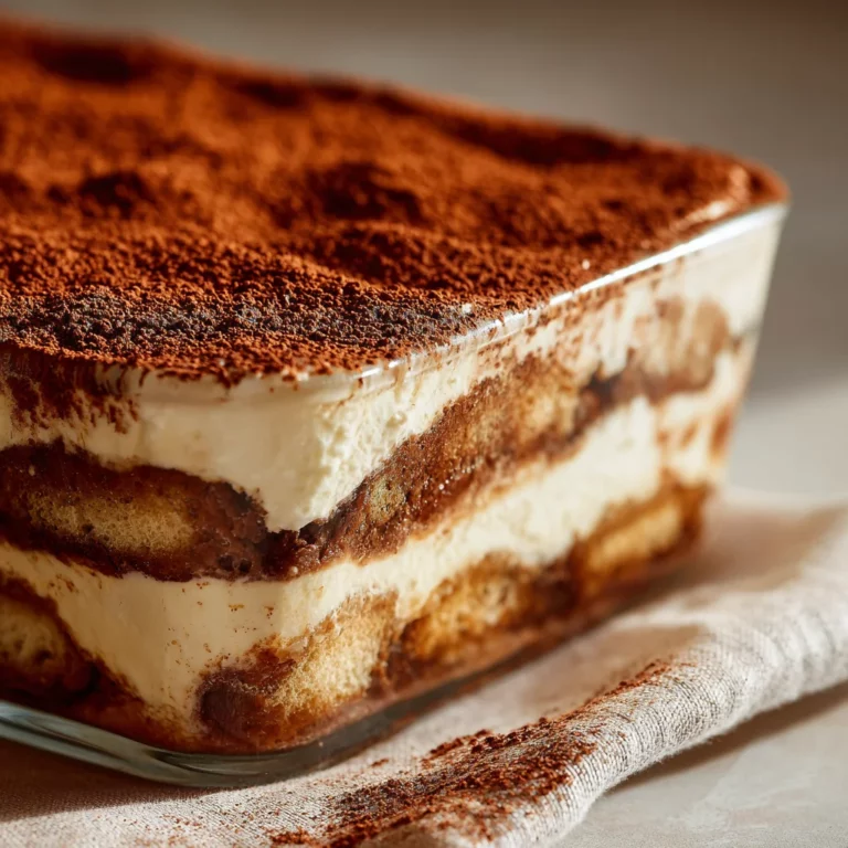 no bake tiramisu in glass dish dusted with cocoa powder
